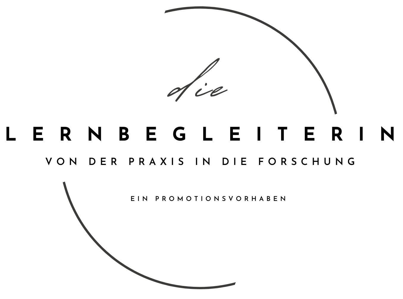 Logo in einem Kreis eingebettet mit den Worten: Die Lernbegleiterin. Von der Praxis in die Forschung. Ein Promotionsvorhaben.